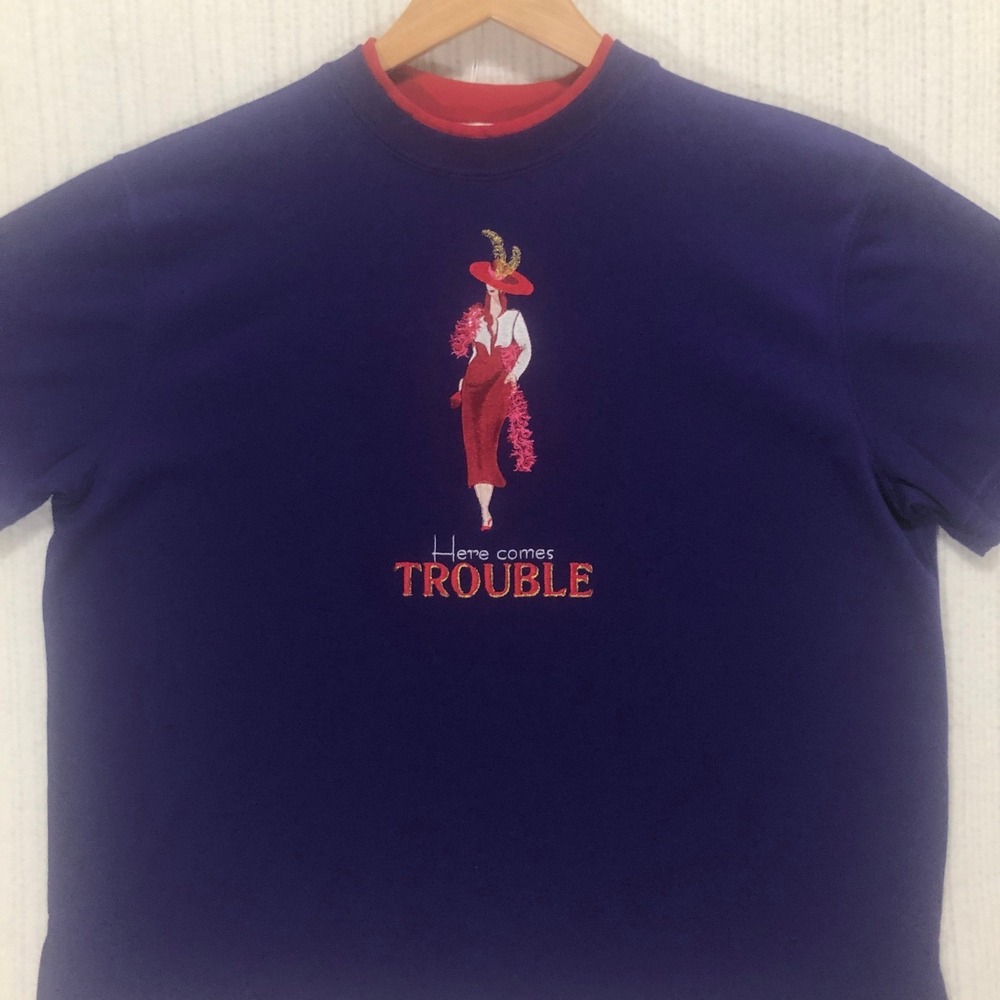 BonWorth Embroidered Graphic Tee Here Comes Trouble Short Sleeve Top PS